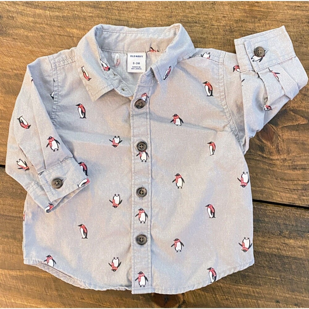 Old Navy Christmas Penguins Long Sleeve Button Down Shirt Top Baby Boys 0-3 mos